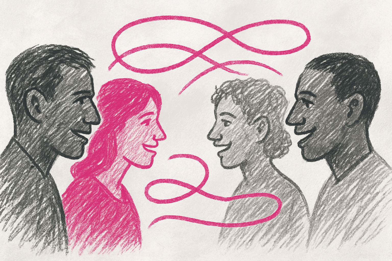 Symbolbild, das vier diverse Personen zeigt, die kommunizieren.