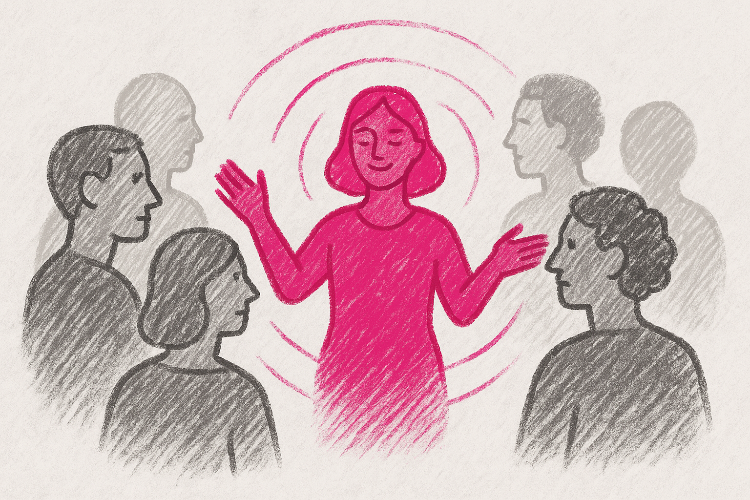 Bild, das eine Person als Leader einer Gruppe zeigt. Die weibliche Person führt durch Empathie und Facilitation.