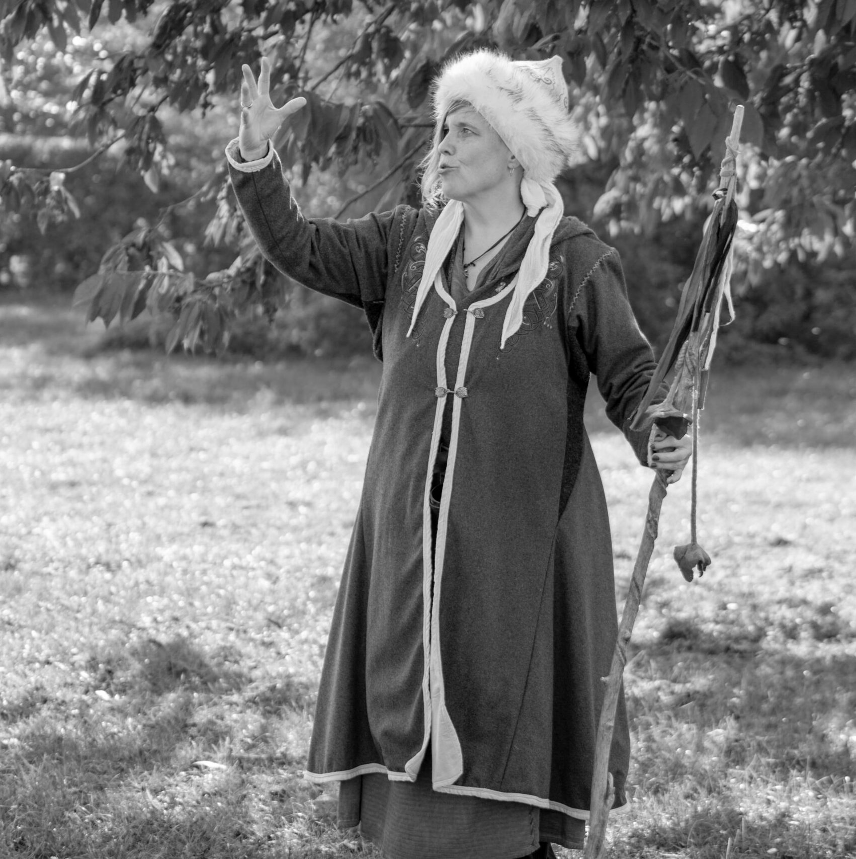 Ein Bild, das Nike Roos in nordischer Gewandung beim Erzählen von Geschichten zeigt.